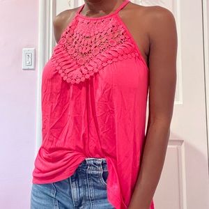 Bright pink summer halter spaghetti strap lace flowy tank